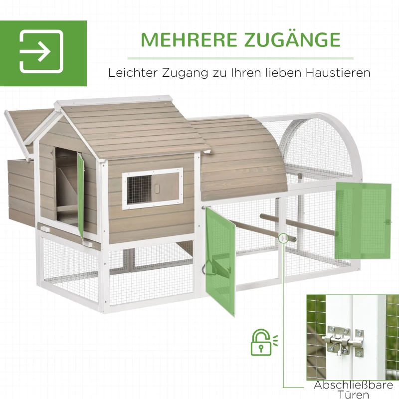 PawHut Hühnerstall Hühnerkäfig Hühnervoliere für 2-4 Hühner Nistkasten mit Haupthaus Nistkasten Auslauf Laufstall wetterbeständig Tannenholz Grau 167,5x109x100 cm
