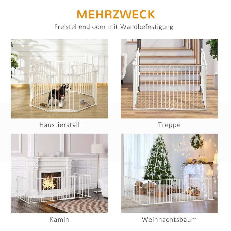 PawHut Puppy Playpen Pet Safety Gate with Door Fireplace Guard Flexibly Foldable 8 Panels each 60 x 76 cm White