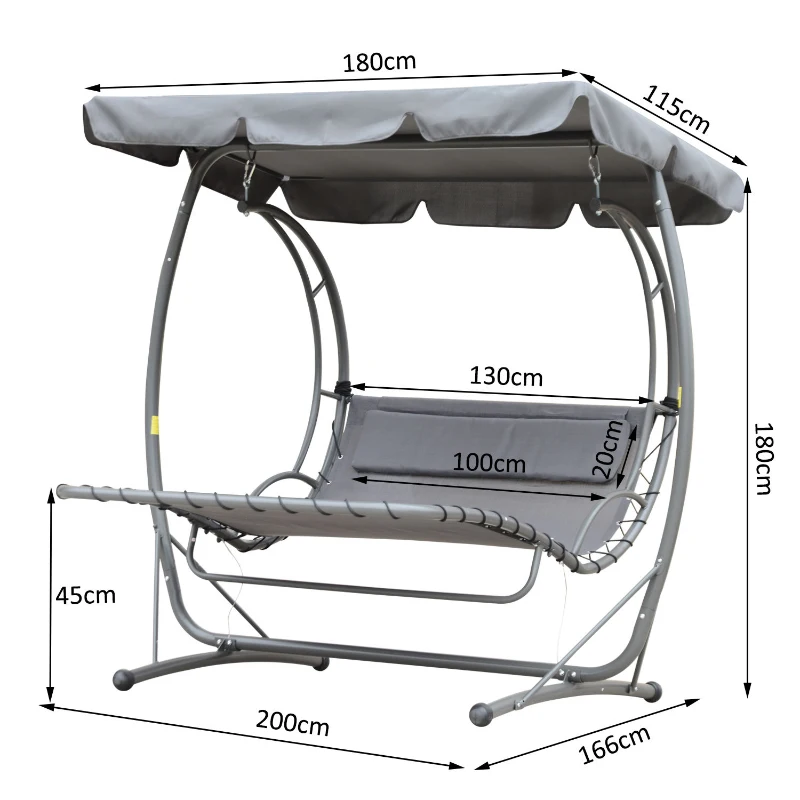 Outsunny Zwevende lounger zwevend ligbed Hollywoodschommel dubbele lounger met dak metaal grijs