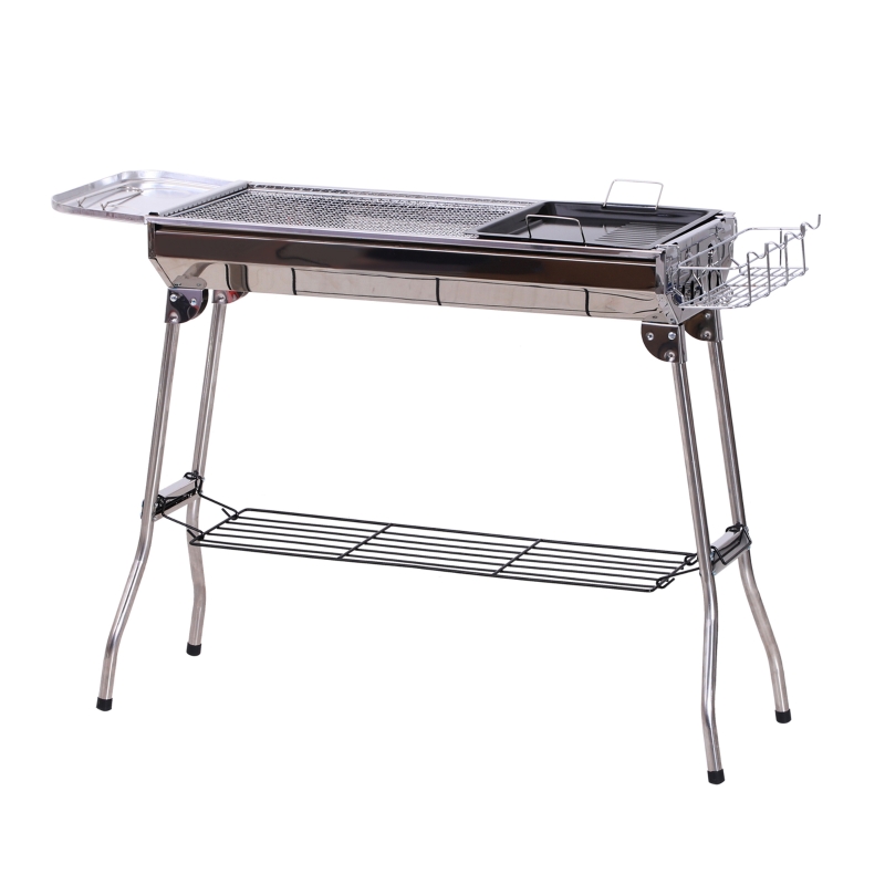 Outsunny Kohlegrill, Picknickgrill mit Aufbewahrungsregal, Standgrill, Grillstation, Klappgrill, 2 x Rost, Edelstahl, Silber, 104 x 33 x 70 cm