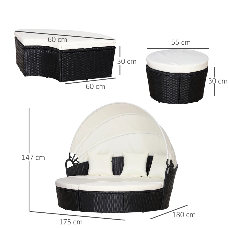 Rattanowa wyspa, komplet wypoczynkowy z daszkiem przeciwsłonecznym, komplet stół z krzesłami, poduszki, metal, kremowa