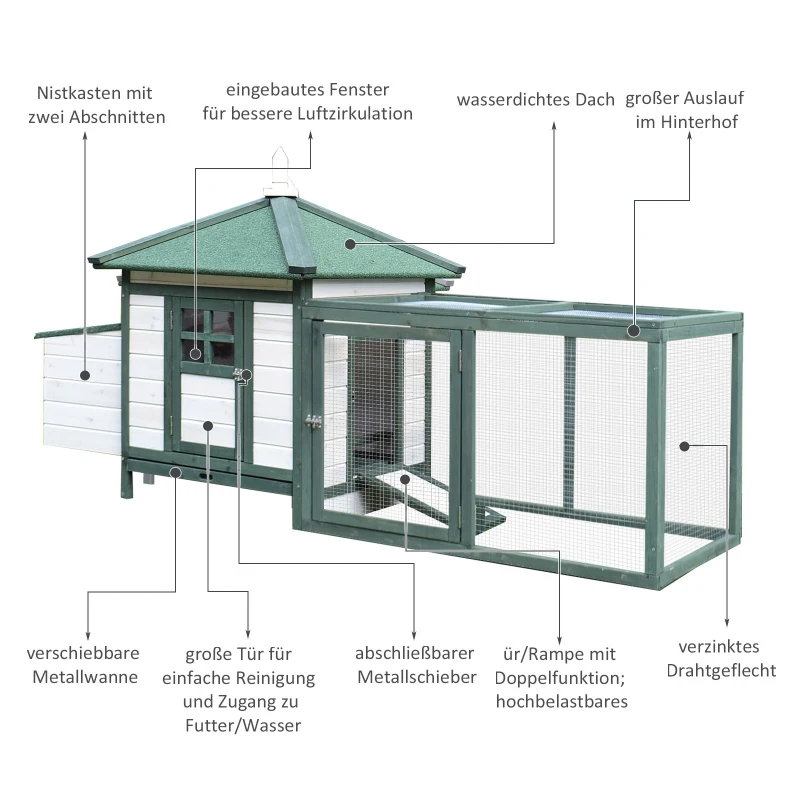 PawHut kippenhok met ren kippenhuis, kippenhok met stok legnest massief hout naturel 196 x 76 x 97 cm