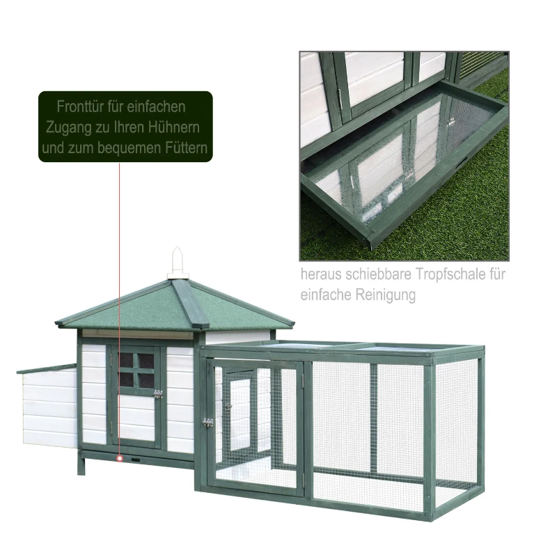 Kurnik z wybiegiem PawHut domek dla kur kurnik z grzędą budką lęgową lite drewno kolor naturalny, 196 x 76 x 97 cm