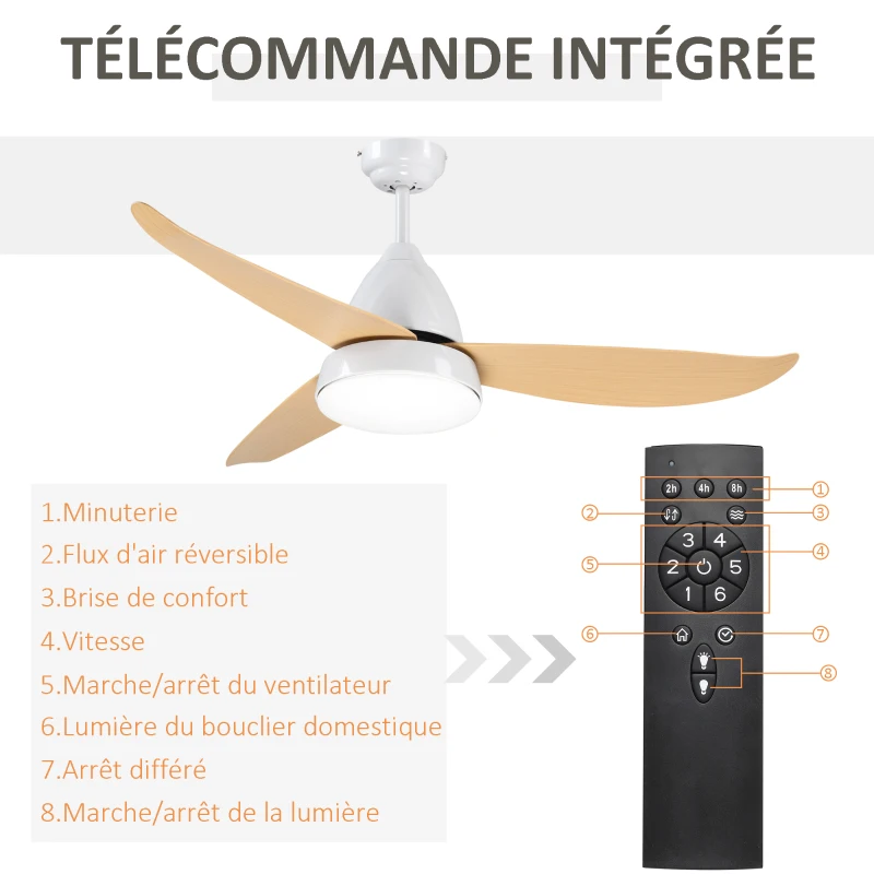 HOMCOM Ventilateur plafond avec lumiere 24 W réversible, ventilateur de plafond avec 3 pales et télécommande 6 vitesses silencieux, lampe ventilateur plafond LED Ø122 cm, pour chambre, salon, blanc