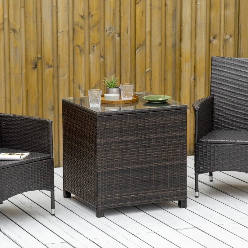 Outsunny Rattan Garden Furniture Side Table Patio Frame Tempered Glass New - Brown