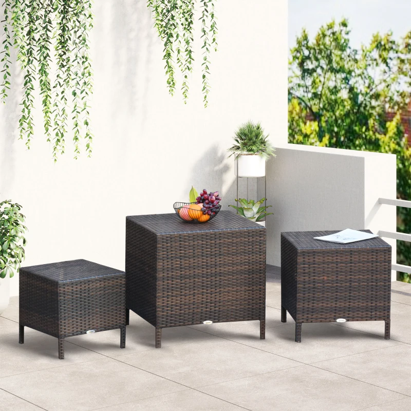 Outsunny 3 Pcs Rattan Nesting Tables Set-Brown