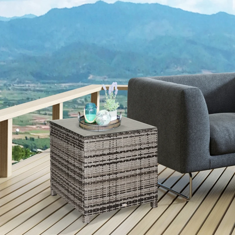 Outsunny Square PE Rattan Garden Table, with Glass Table Top - Grey