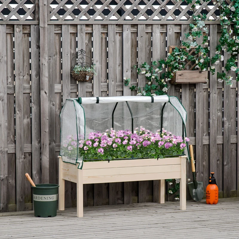 Outsunny Raised Garden Bed Outdoor Elevated Wood Planter Box w/ PE Cover, Natural