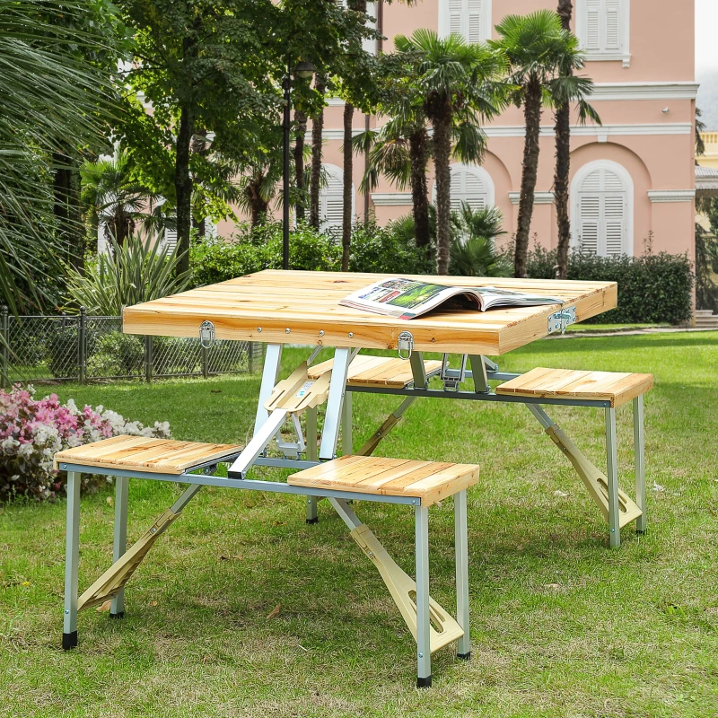 Outsunny Cunninghamia Board Portable Picnic Table Bench Set Natural Wood Color