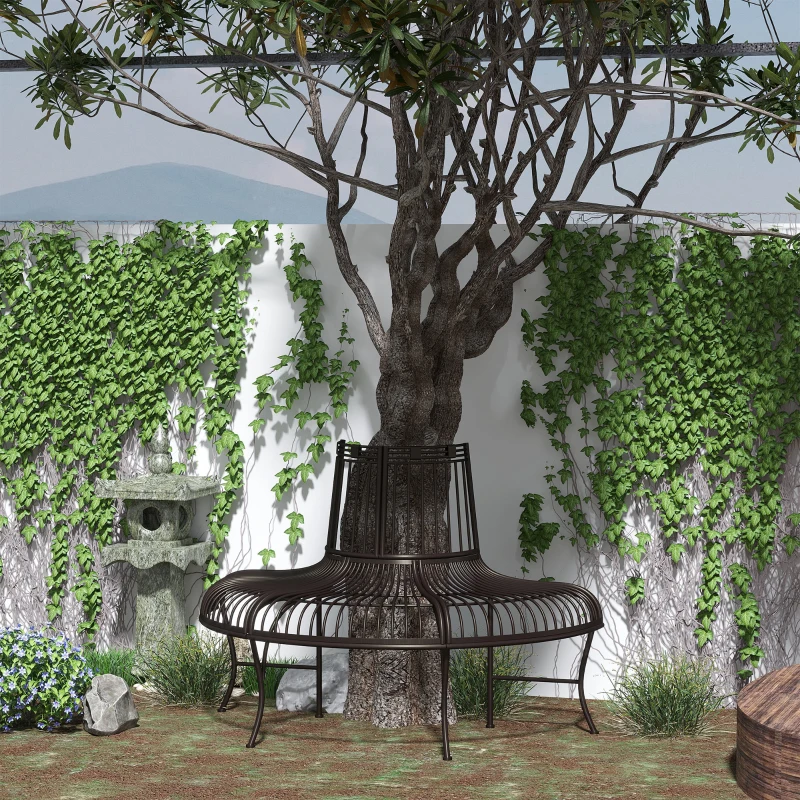 Outsunny halfronde tuinbank voor bomen staal bruin 135 x 70 x 85 cm