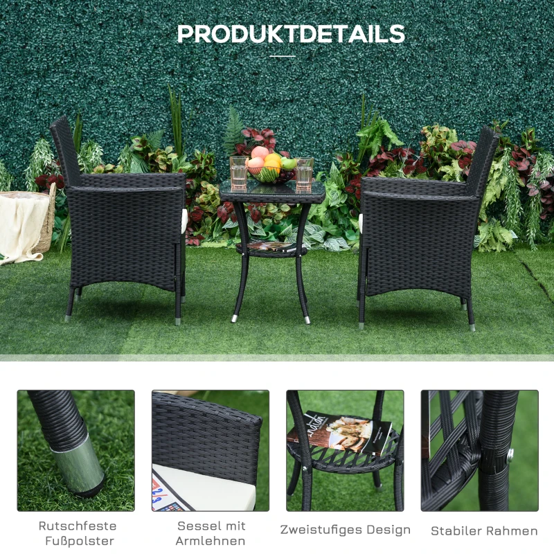 Outsunny 3-delige zitgroep voor in de tuin, rotan tuinset, poly-rotan, zwart