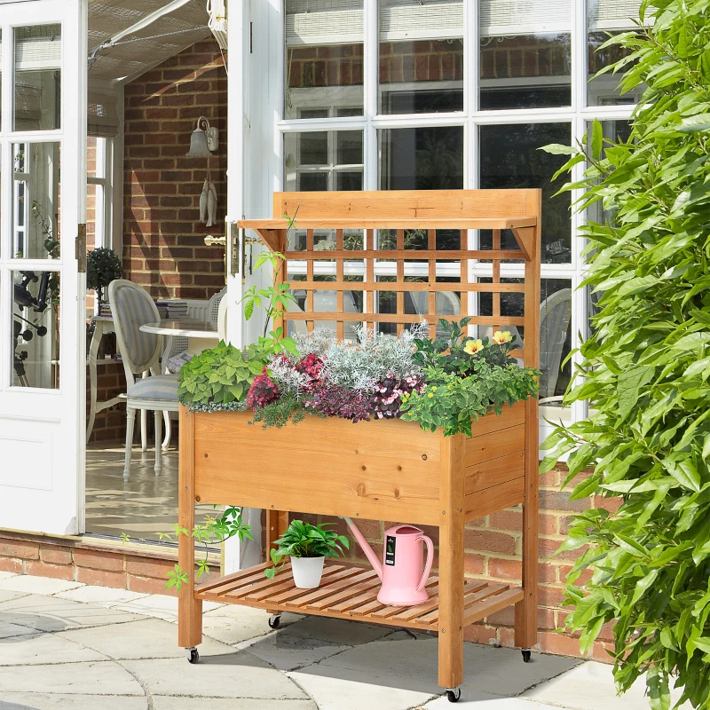 Outsunny Wooden Planter Raised Elevated Garden Bed with 2 Shelves for Vegetables Flowers