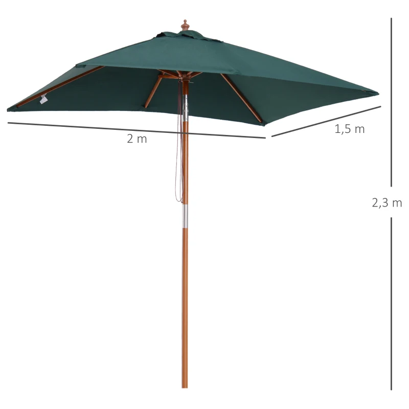 Outsunny parasol zginany parasol ogrodowy, parasol plażowy 3-stopniowa regulacja drewno jodłowe + poliester kolor zielony 200 x 150 x 230 cm