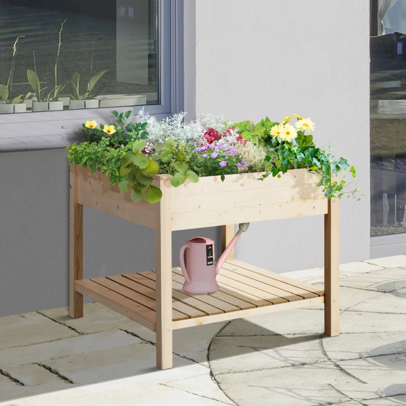 Outsunny Elevated Fir Wood Plant Box, 91Lx91Wx81H cm-Natural Wood Colour