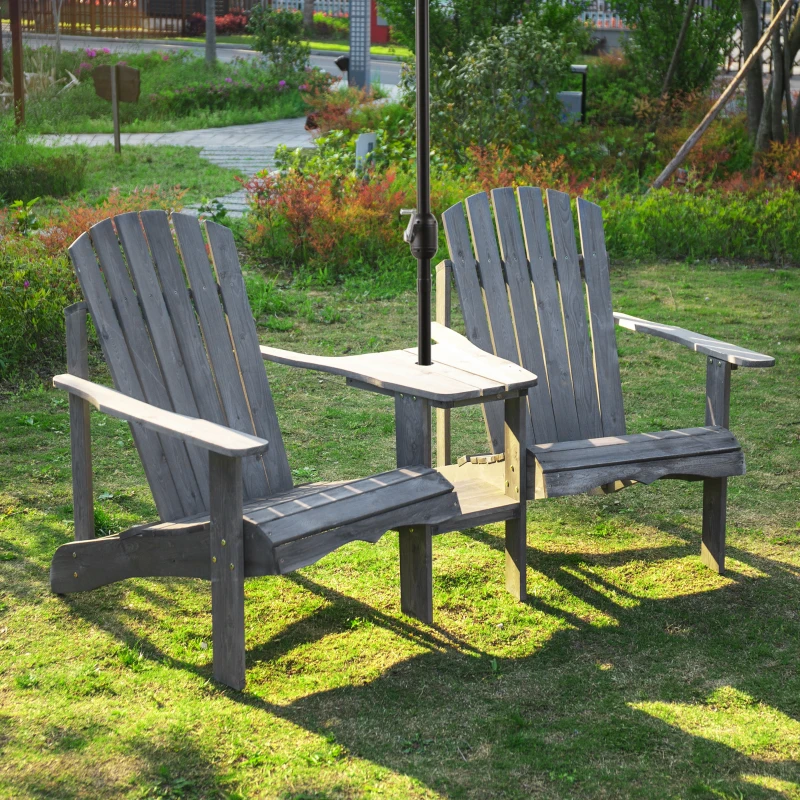 Outsunny tuinbank met tafel en zonneschermhouder, tuinmeubilair, massief hout, kleur grijs