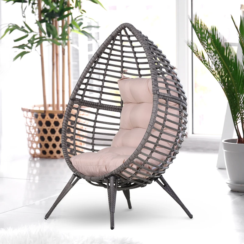 Outsunny rotan fauteuil in druppelvorm tuinfauteuil rotan stoel zitkussen metaal beige