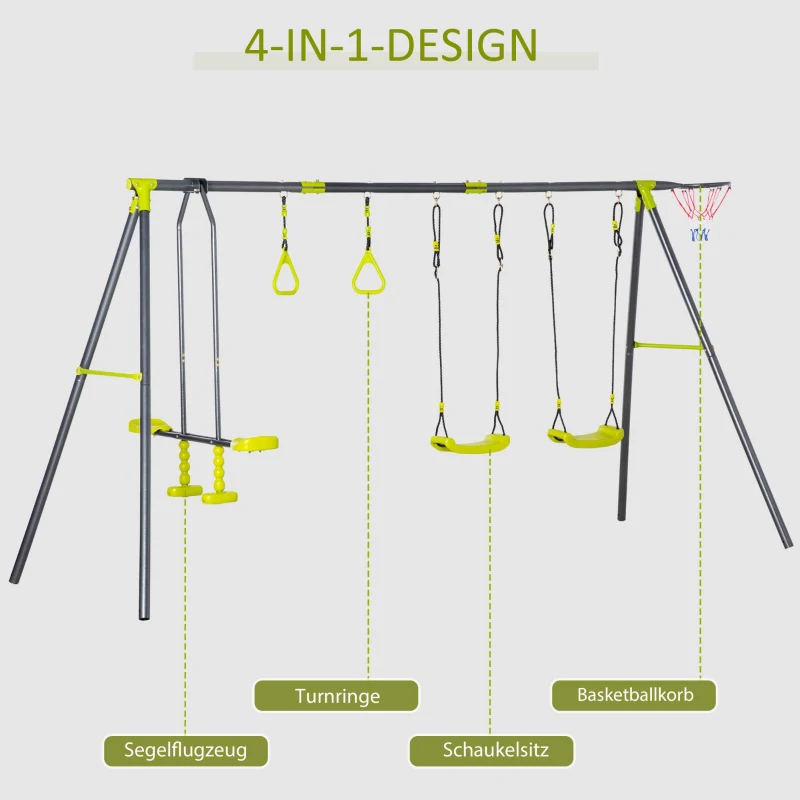 Outsunny schommelframe voor kinderen 3-10 jaar, groen+zwart, 365 x 138 x 175 cm