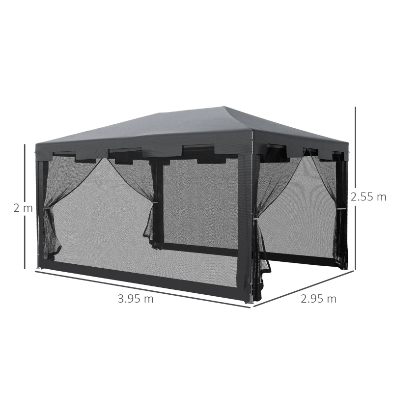 Outsunny 4 m x 3 m Gazebo with Sides, Outdoor Party Tent, Sun Shade Canopy with Mesh Sidewalls, Dark Grey