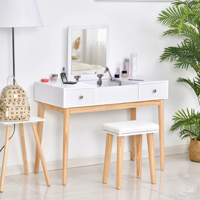 HOMCOM Dressing Table Set with Flip Top Mirror and Cushioned Stool, Makeup Vanity Dressing Table Dresser Desk with 2 Drawers and Storage Grids for Bedroom, White