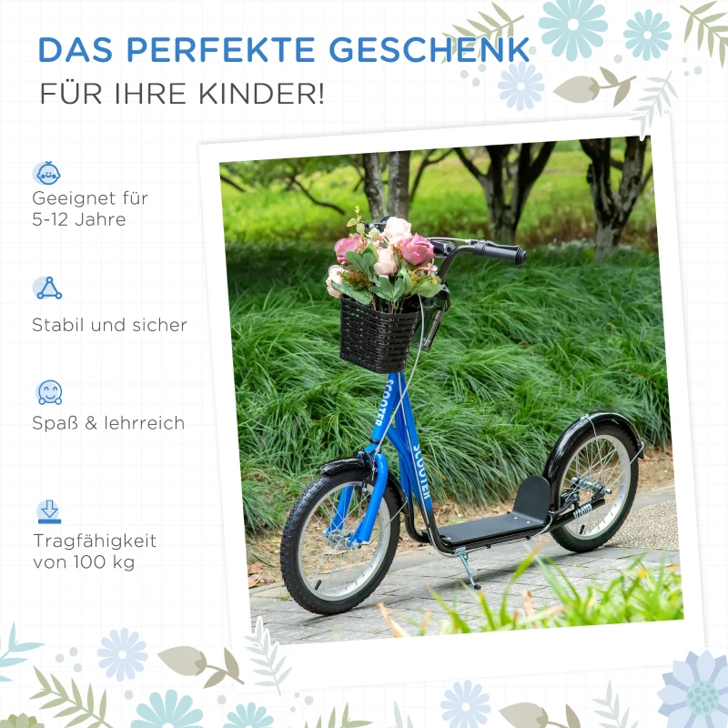 HOMCOM kinderstep step kick scooter kinderstep kickboard metaal PP plastic aluminium rubber blauw + zwart 139 x 58 x 90-96 cm