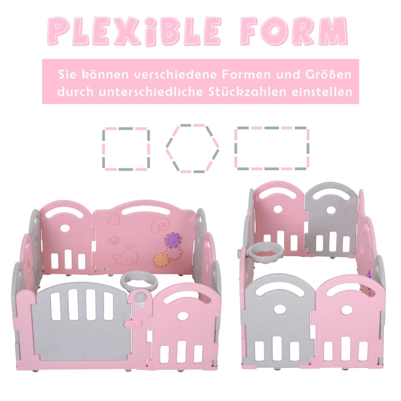 HOMCOM Schutzgitter Baby Laufgitter 12 Elemente Absperrgitter Korb 3 Zahnräder HDPE Rosa 162 x 84 x 63 cm