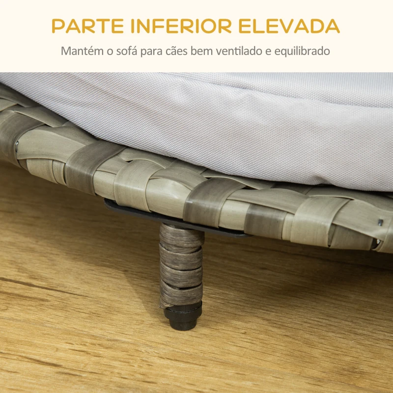 PawHut Sofá Cama para Cães e Gatos de Vime PE Cama Elevada Redonda para Animais de Estimação com Almofada Suave Lavável para Interior e Exterior 60x60x20cm Cinza
