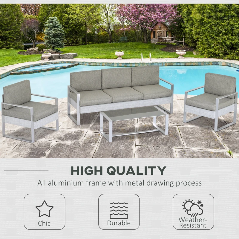 Outsunny 4 Pieces Patio Furniture Set Outdoor Aluminum Garden Conversation Set with Tempered Glass Coffee Table and Cushions