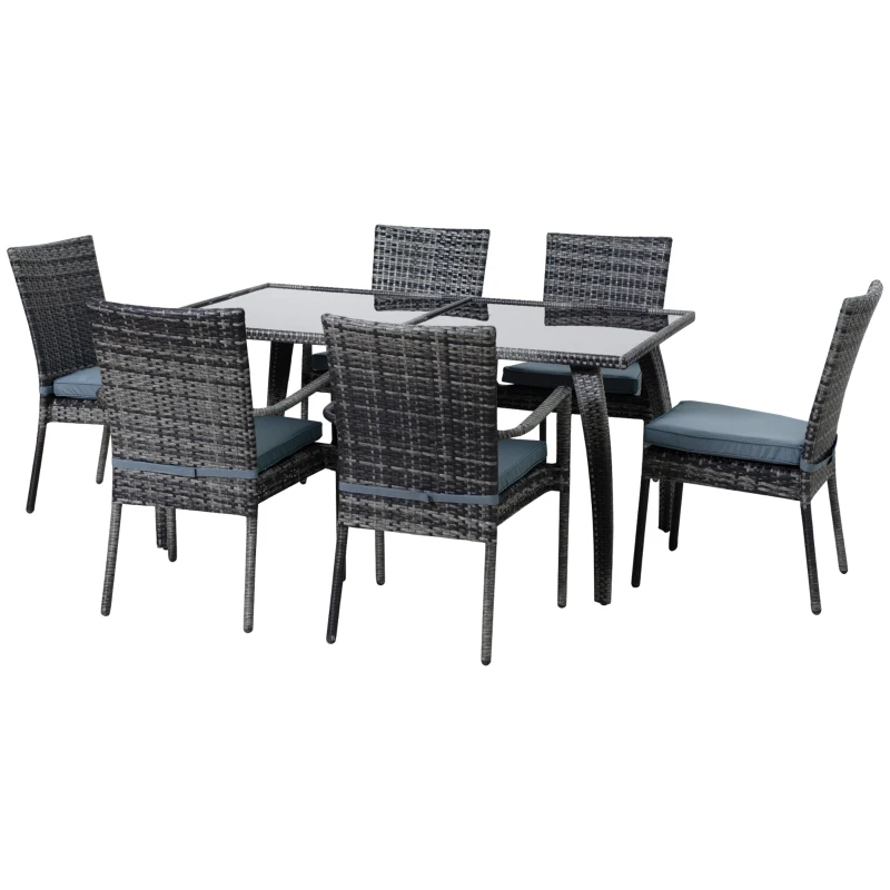 Outsunny 6 Seater Rattan Dining Set with Cushions, Rattan Garden Furniture Set, Outdoor Dining Table and Chairs with 6 Stackable Armchairs, Rectangular Glass Top Table for Patio, Balcony, Grey