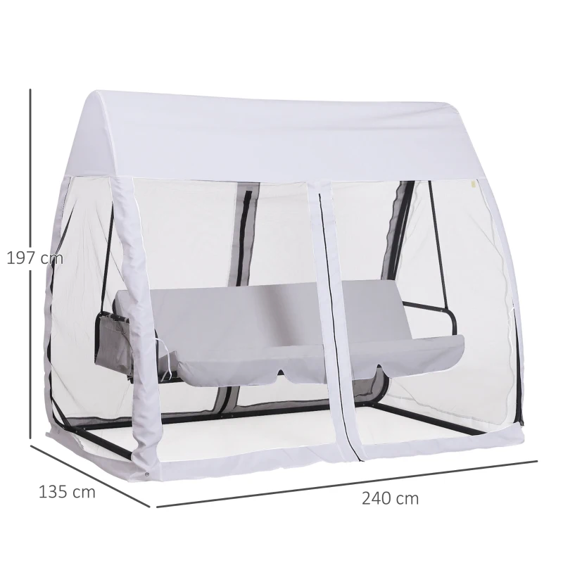 Outsunny Balancelle de Jardin Convertible 3 Places Grand Confort : Matelas Assise Dossier, moustiquaire intégrale zippée avec Toit, Pochette Rangement métal époxy Polyester Blanc