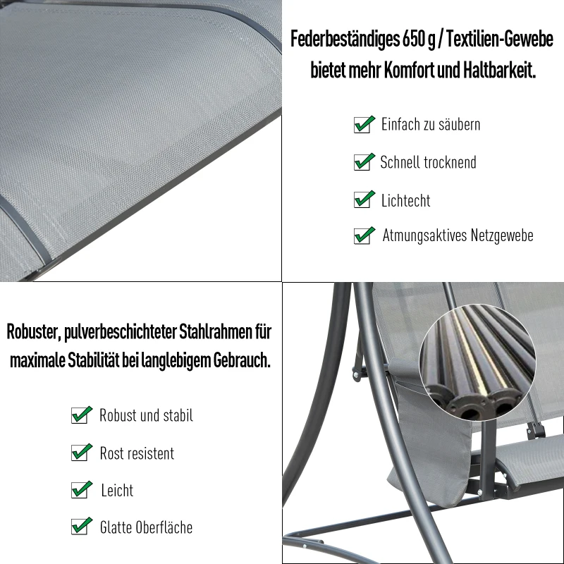 Komfortowa Huśtawka Ogrodowa Outsunny dla 3 Osób z Regulowanym Daszkiem i Kieszeniami Bocznymi, Ciemnoszary