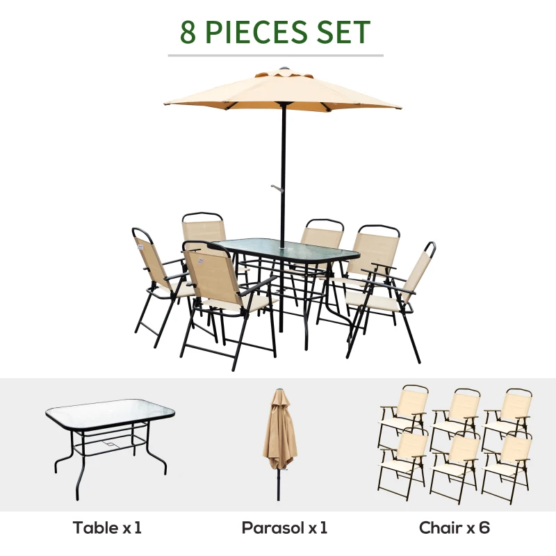 Outsunny 8 Pieces Dining Set Furniture Foldable Chair Umbrella Table Beige Garden