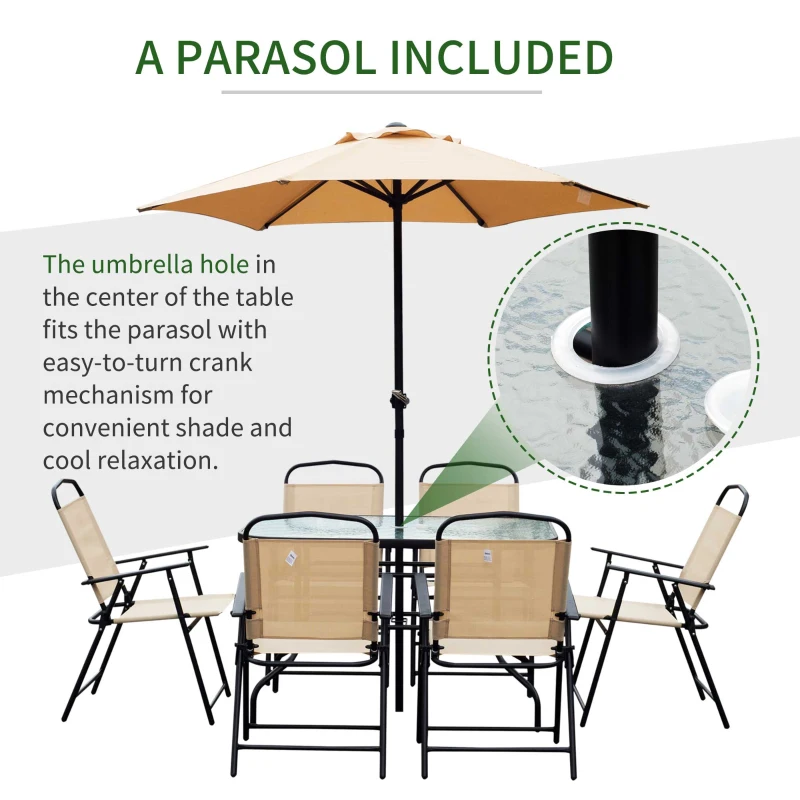 Outsunny 8 Pieces Dining Set Furniture Foldable Chair Umbrella Table Beige Garden