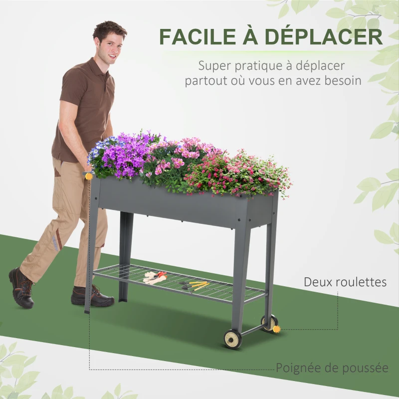 Outsunny Jardinière sur Pieds Potager dim. 109L x 39l x 80H cm étagère 2 Roues + Insert d'irrigation métal Gris
