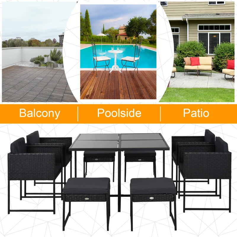 Outsunny 9 PCs Rattan Dining Cube Set Outdoor Patio Furniture PE Rattan Wicker Dining Set w/ 4 Armchair,4 Foot Stool,Grey Cushion