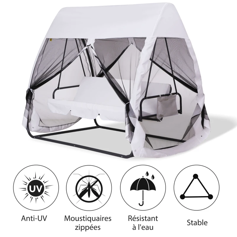 Outsunny Balancelle de Jardin Convertible 3 Places Grand Confort : Matelas Assise Dossier, moustiquaire intégrale zippée avec Toit, Pochette Rangement métal époxy Polyester Blanc