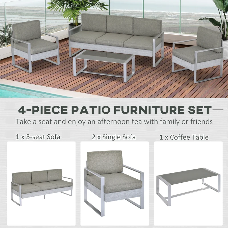 Outsunny 4 Pieces Patio Furniture Set Outdoor Aluminum Garden Conversation Set with Tempered Glass Coffee Table and Cushions