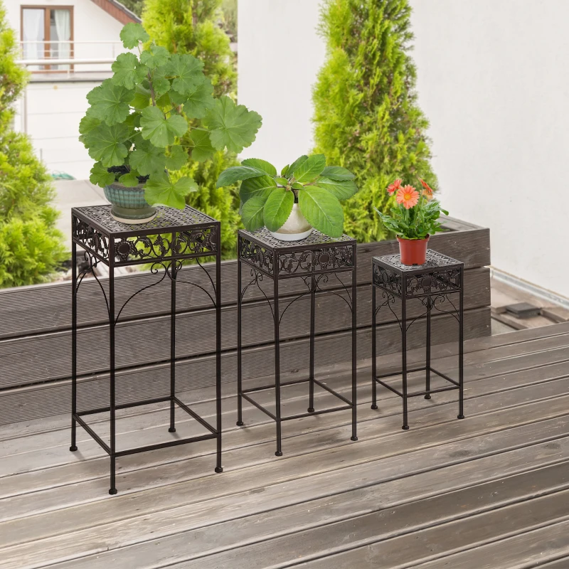 Outsunny Set de 3 Bucăți Scaune Suport pentru Plante Clasic din Fier Sgabelli Supporto per Piante Classico in Ferro, MARO