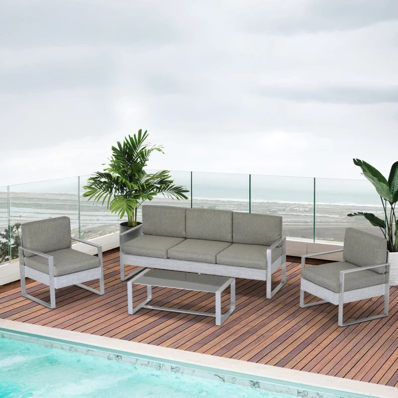 Outsunny 4 Pieces Patio Furniture Set Outdoor Aluminum Garden Conversation Set with Tempered Glass Coffee Table and Cushions