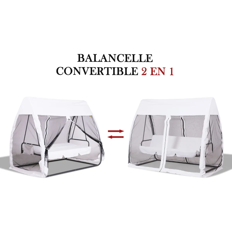 Outsunny Balancelle de Jardin Convertible 3 Places Grand Confort : Matelas Assise Dossier, moustiquaire intégrale zippée avec Toit, Pochette Rangement métal époxy Polyester Blanc