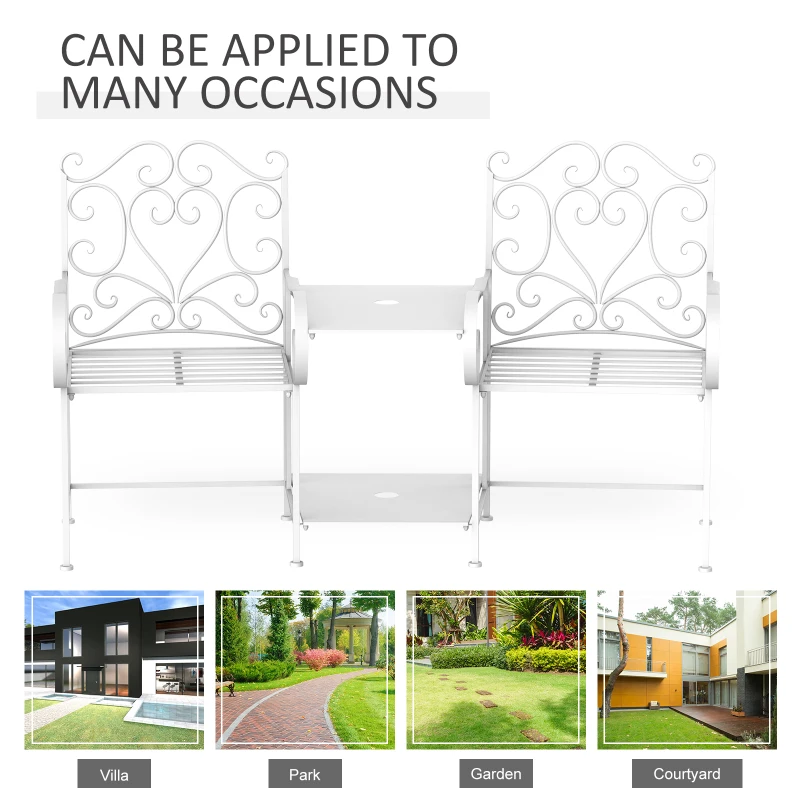 Outsunny Metal Bench With Table, 160Lx61Wx96H cm-White