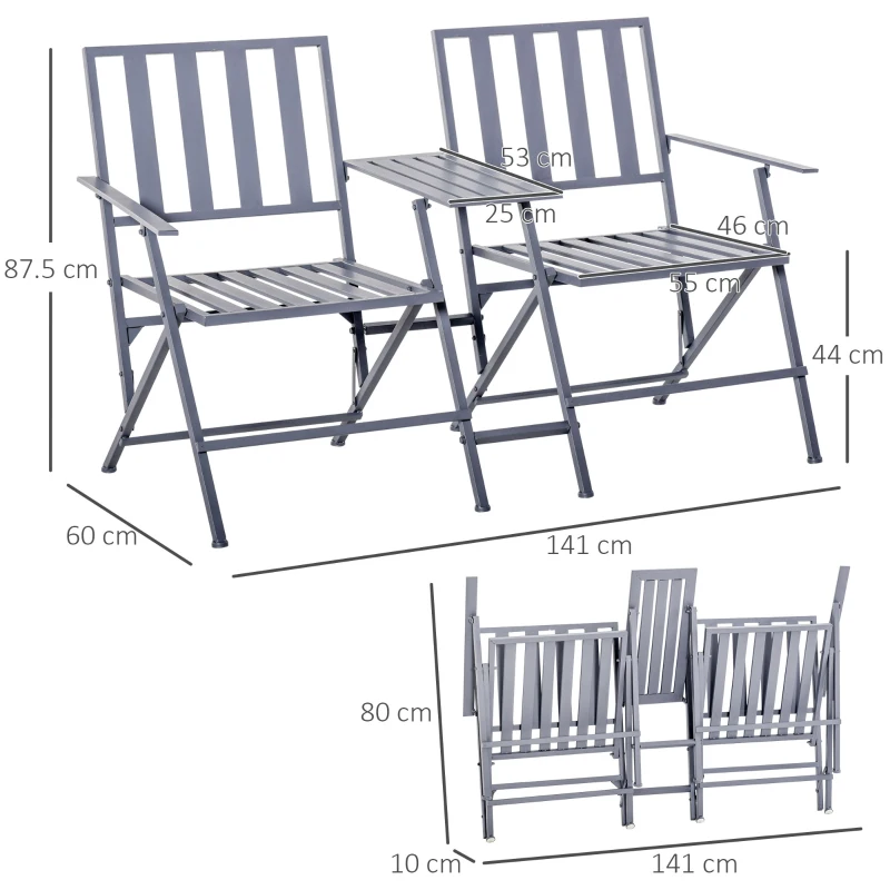 Outsunny 2 Seat Garden Chair Bench Folding Loveseats Jack and Jill Seat w/Coffee Table Outdoor Patio