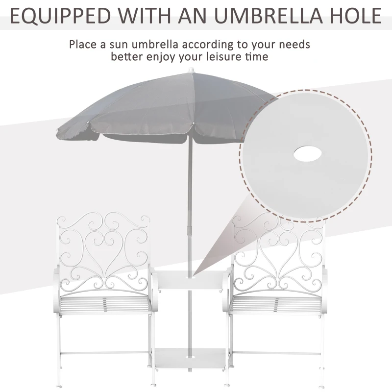 Outsunny Metal Bench With Table, 160Lx61Wx96H cm-White