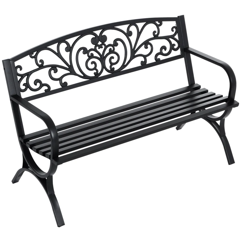 Outsunny 127L x 60W x 85H cm Powder Coated Garden Bench for Patio Backyard, Steel-Black