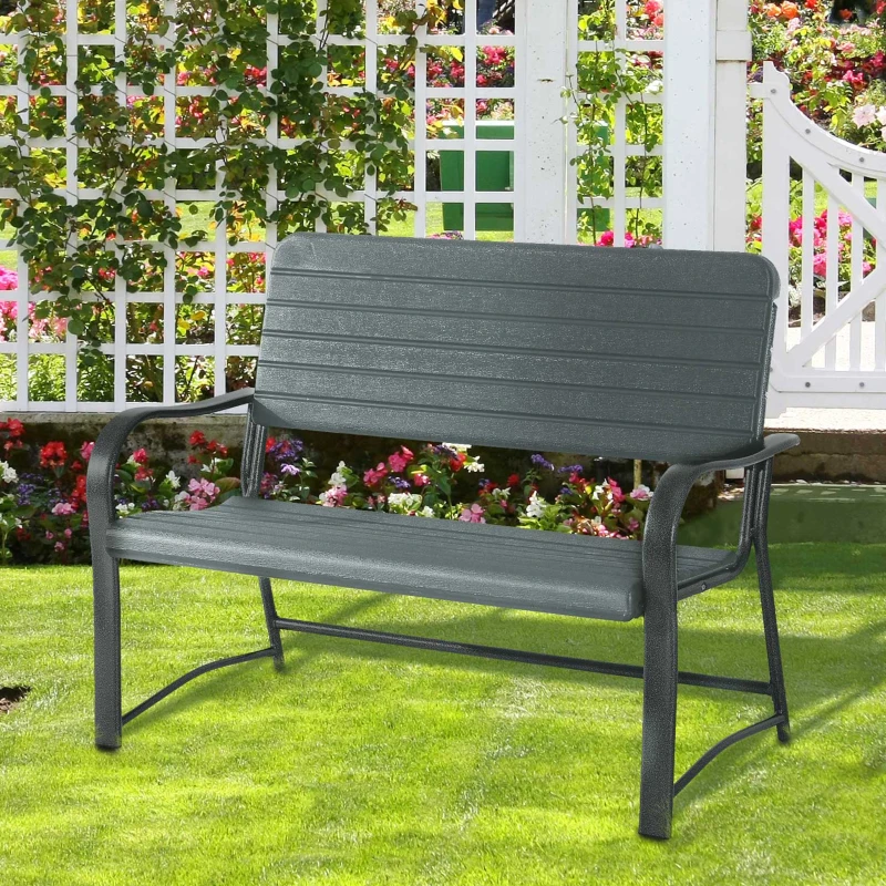 Outsunny Metal Frame 2 Seater Bench-Black, Atrovirens Slat