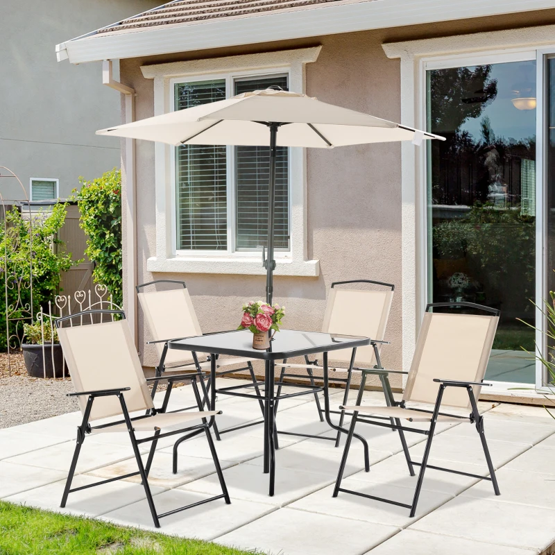 Outsunny Conjunto de Jardim Refeição com 4 Cadeiras Dobráveis Mesa e Chapéu de Sol Inclinável  80x80x70cm Bege