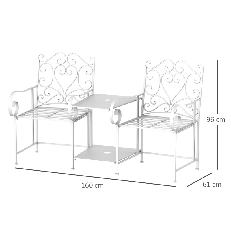 Outsunny Metal Bench With Table, 160Lx61Wx96H cm-White