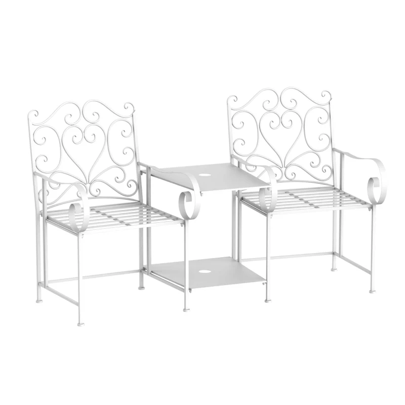 Outsunny Metal Bench With Table, 160Lx61Wx96H cm-White