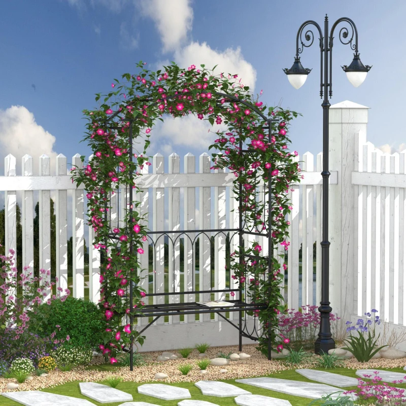 Outsunny Garden Metal Frame Bench W/Arch for Various Climbing Plant, 115Lx50Wx203H cm-Black