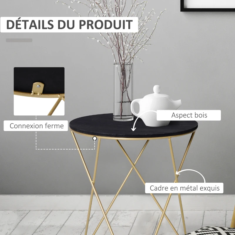 HOMCOM Table Basse Table d'appoint Bout de Canapé Ronde Ø 43 x 48H cm Bois Noir métal doré
