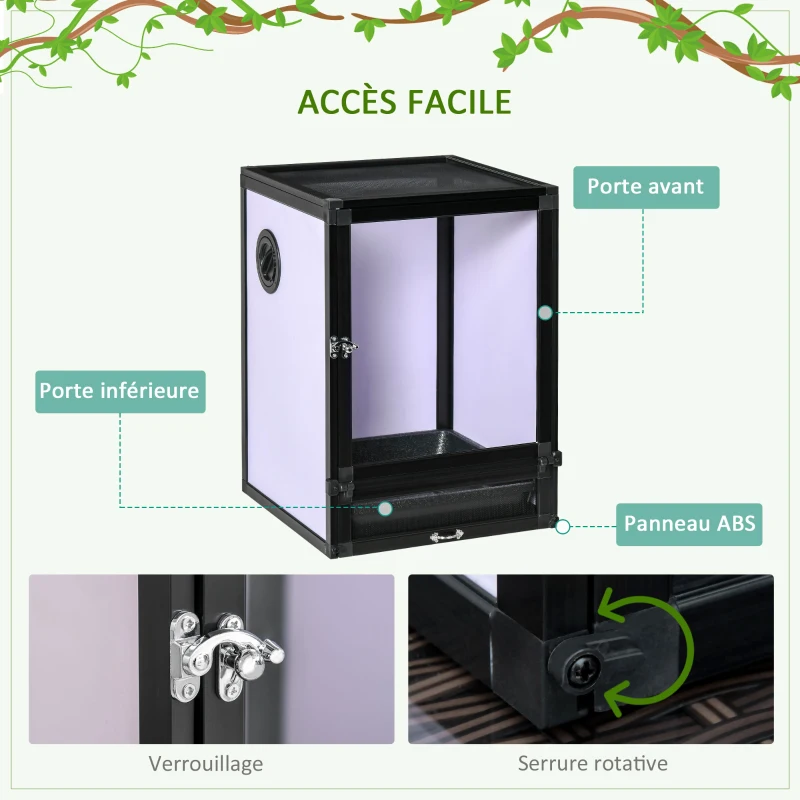 PawHut Terrarium vivarium boîte pour reptiles 32 x 32 x 46 cm avec passe-câble, fond en ABS, plateau amovible noir